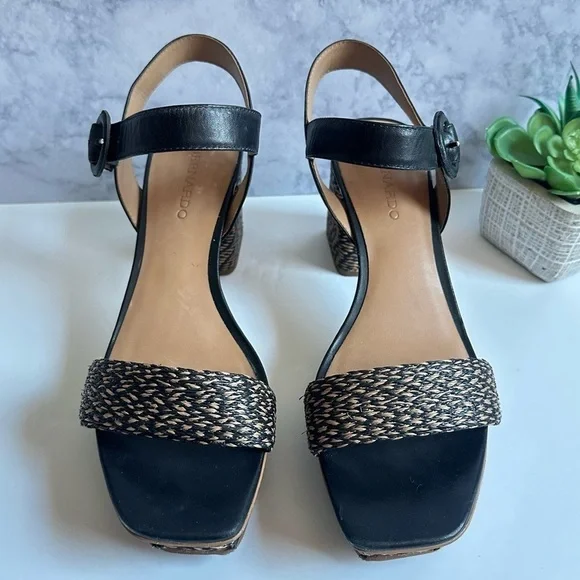 Bernardo Raffia Adjustable Platform Sandals Reagan Raffia black tan strapy heels - Picture 6 of 13